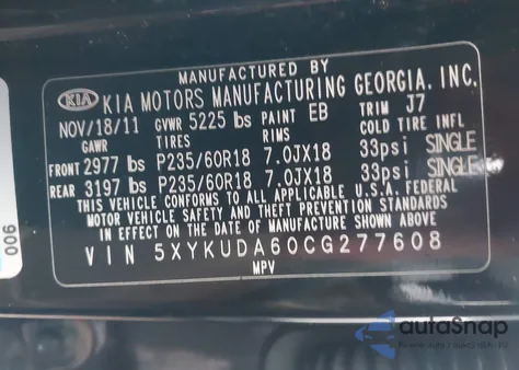 2012 Kia Sorento Ex z USA, uszkodzony, nr VIN 5XYKUDA60CG277608